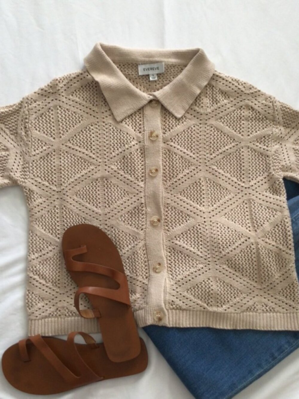EVEREVE Open Weave Short Sleeve Sweater Tan Sz S